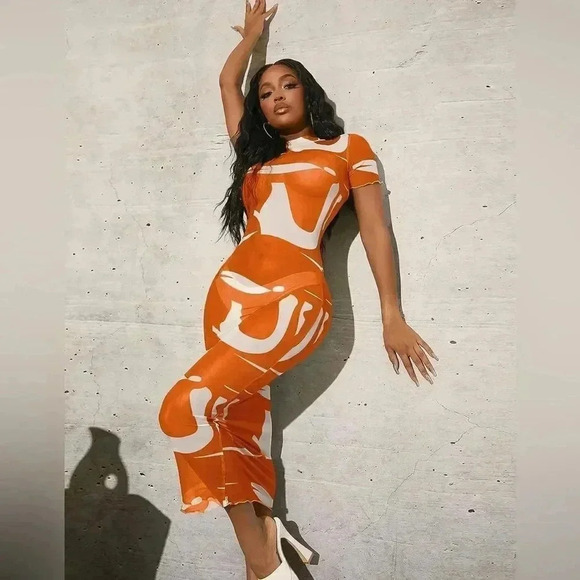 Women's Dress Color-Block Lettuce Trim Sheer Mesh Summer Dress Orange - Picture 1 of 11